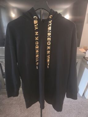 DKNY Black Long-Sleeve Hoodie Dress with Gold Logo Drawstrings